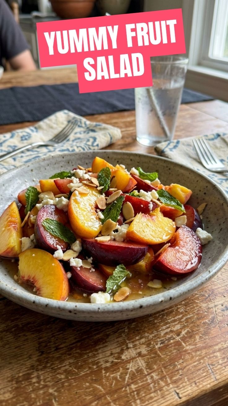 A colorful stone fruit salad featuring peaches and plums, ready to eat.