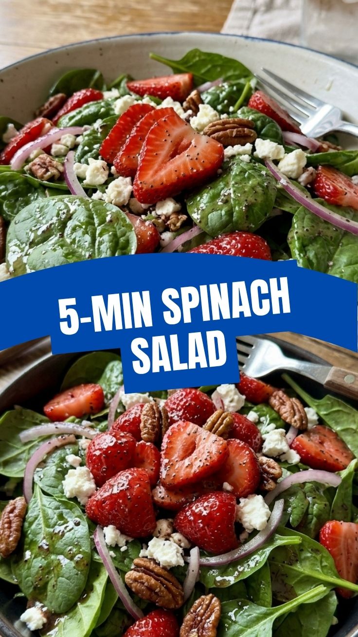 A refreshing strawberry spinach salad with vinaigrette dressing
