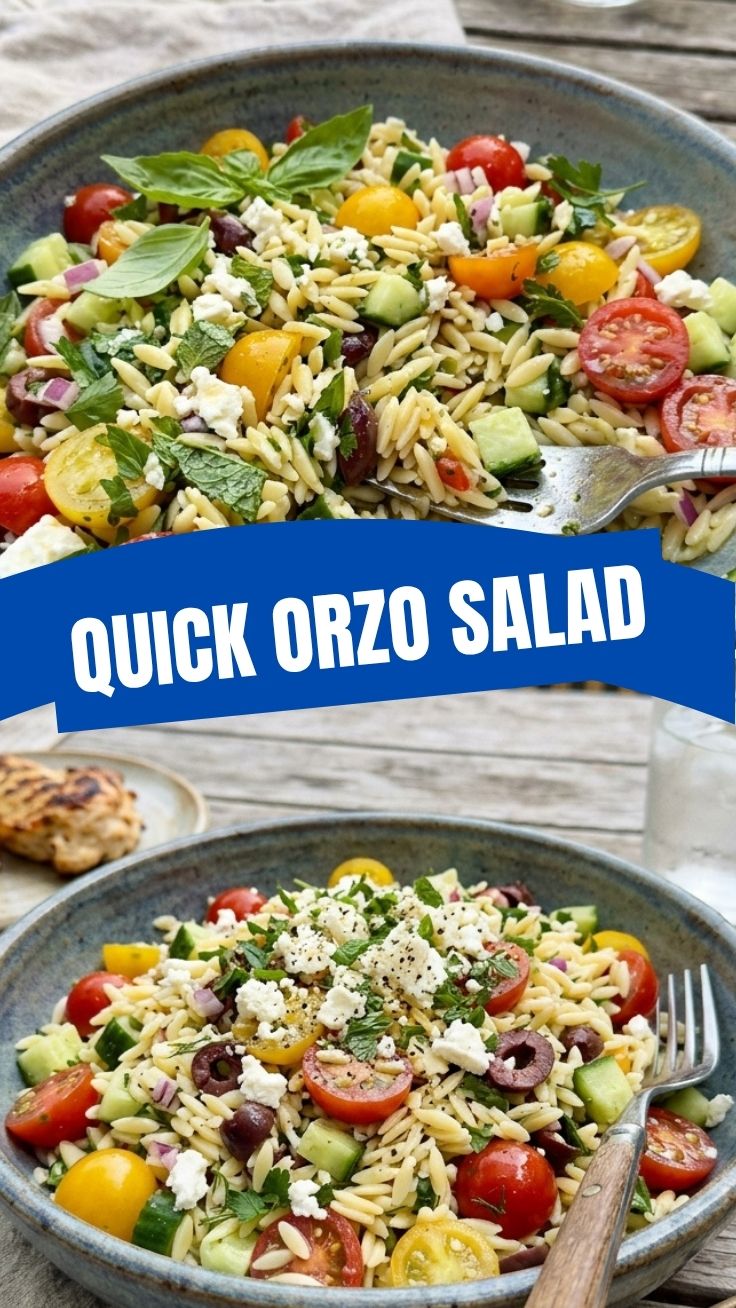 A colorful orzo salad, perfect for summer, served in a large bowl