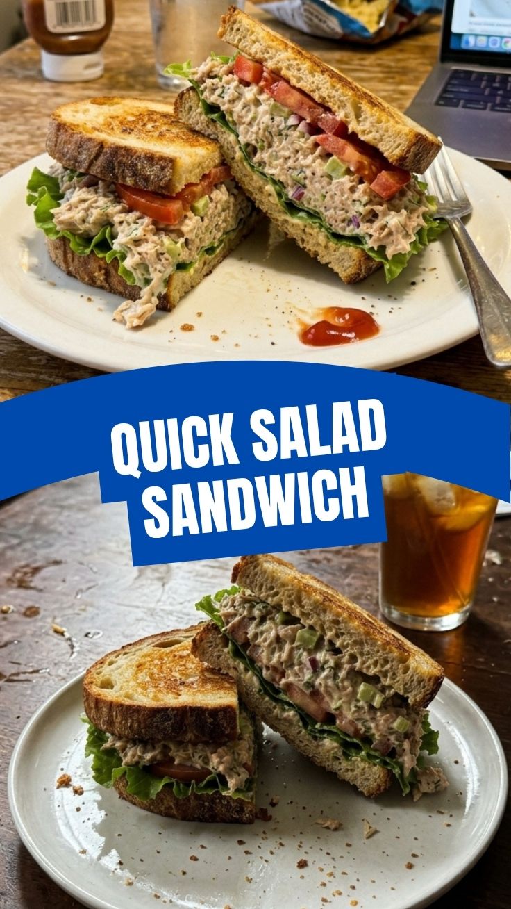 A freshly made tuna salad sandwich on whole wheat bread