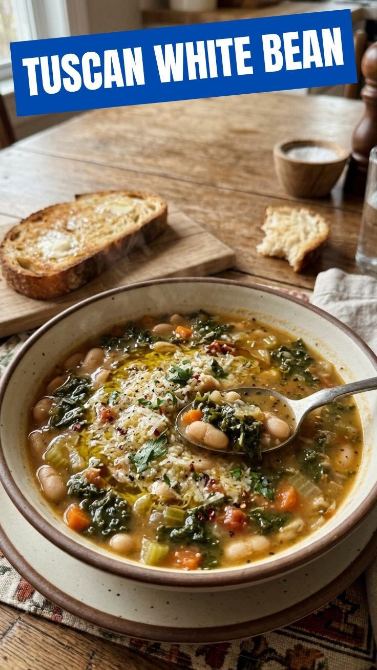 A bowl of simple Tuscan white bean soup, garnished with fresh herbs.