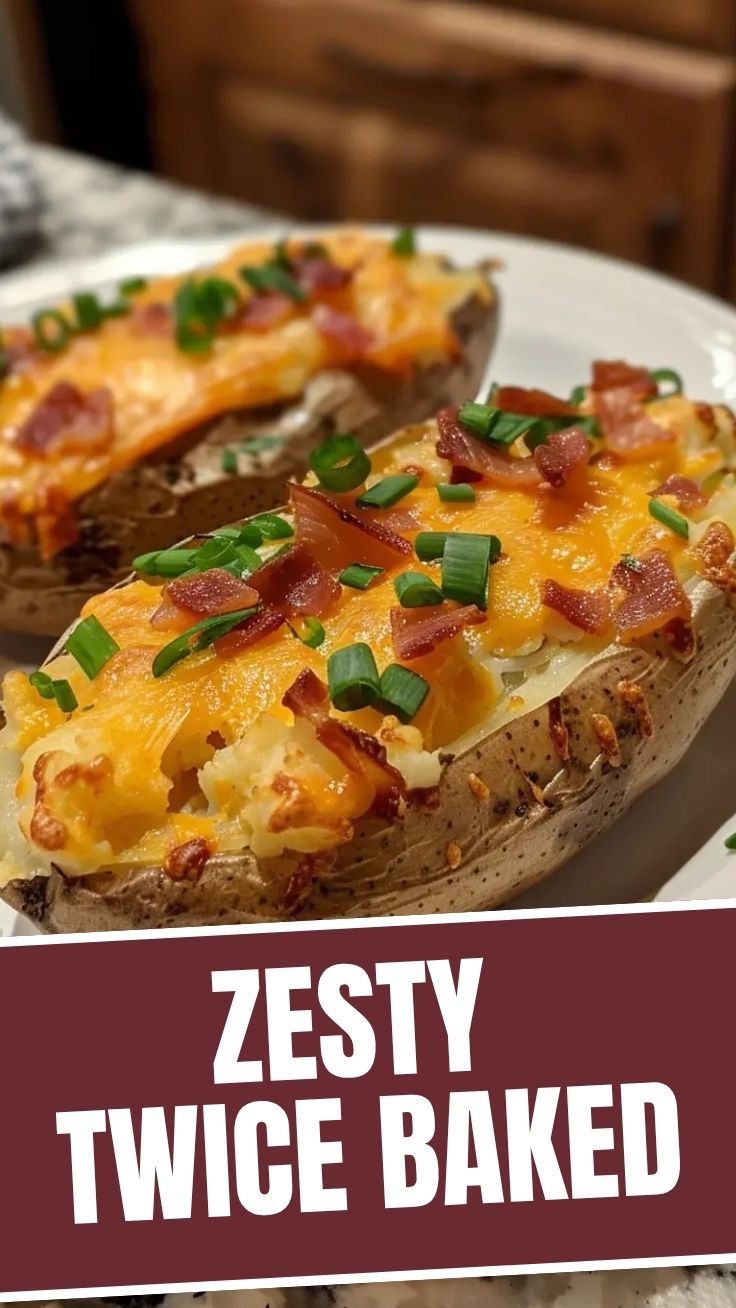 A perfectly golden-brown twice baked potato, topped with cheese and chives.