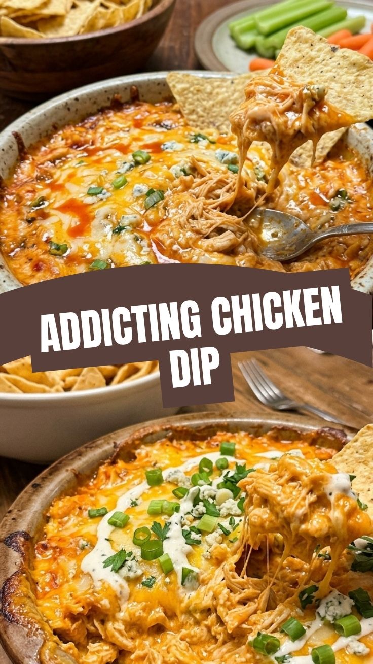 A creamy buffalo chicken dip in a ceramic bowl with tortilla chips.
