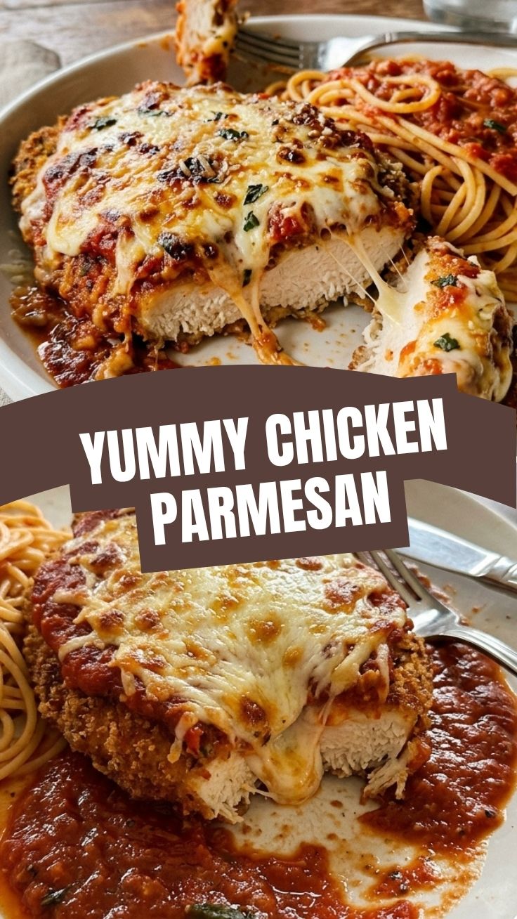 A serving of chicken parmesan topped with melted cheese and marinara sauce.
