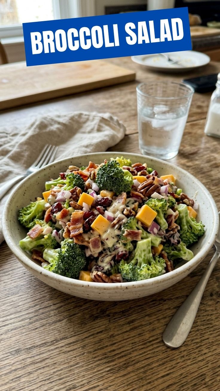 A bowl of classic broccoli salad with bacon, cheese, and a creamy dressing
