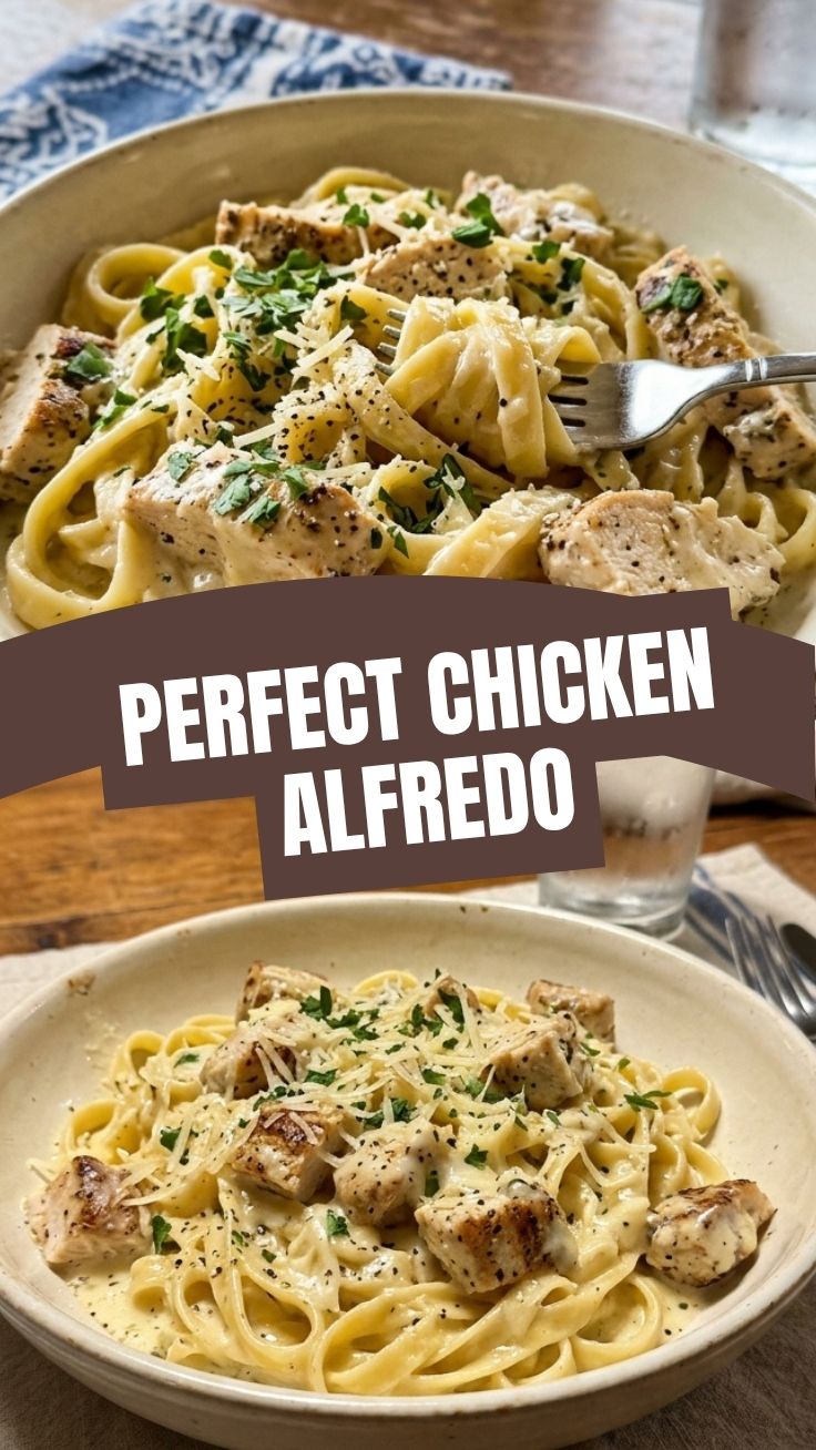 A white bowl filled with creamy chicken alfredo pasta, garnished with fresh parsley.