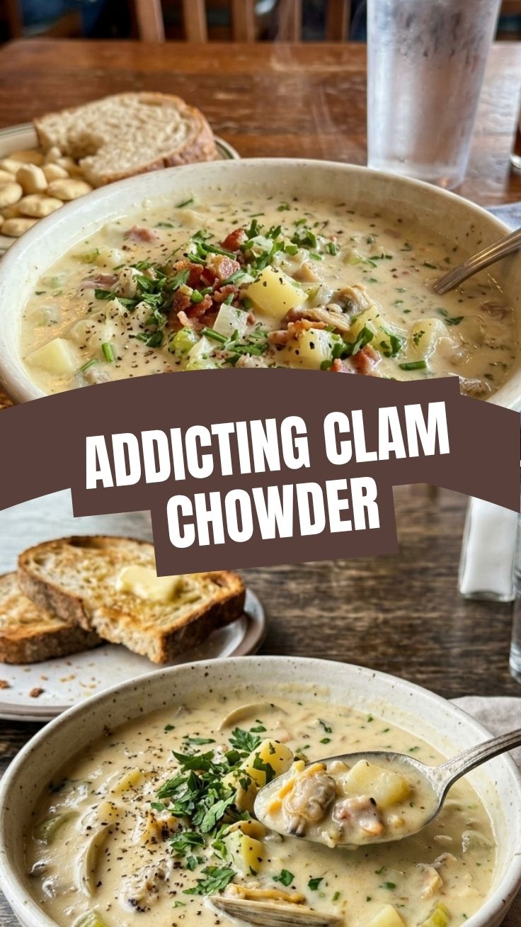 A warm bowl of creamy clam chowder.