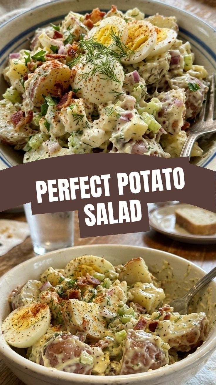 A bowl of creamy potato salad garnished with fresh herbs
