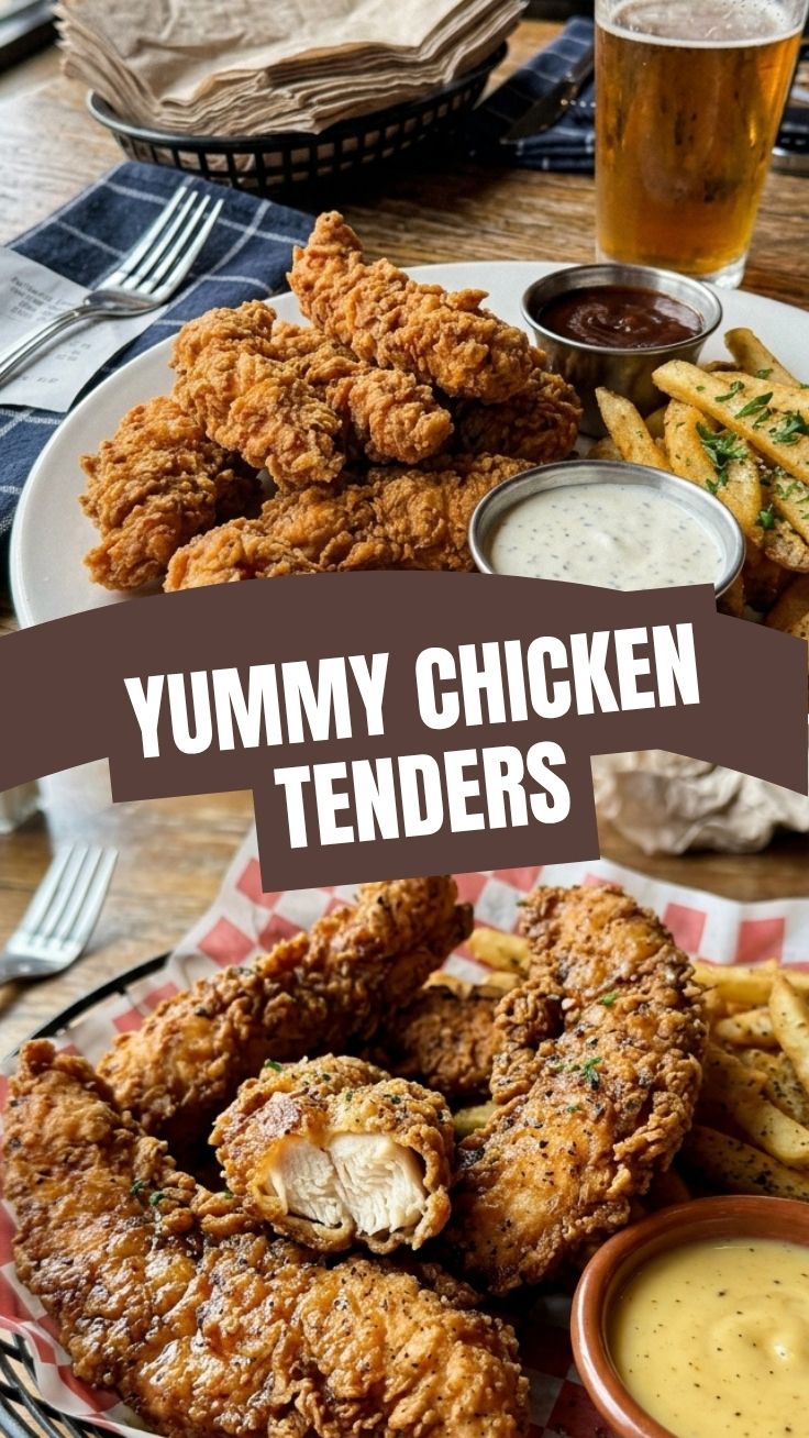 Golden brown crispy chicken tenders expertly fried and stacked.