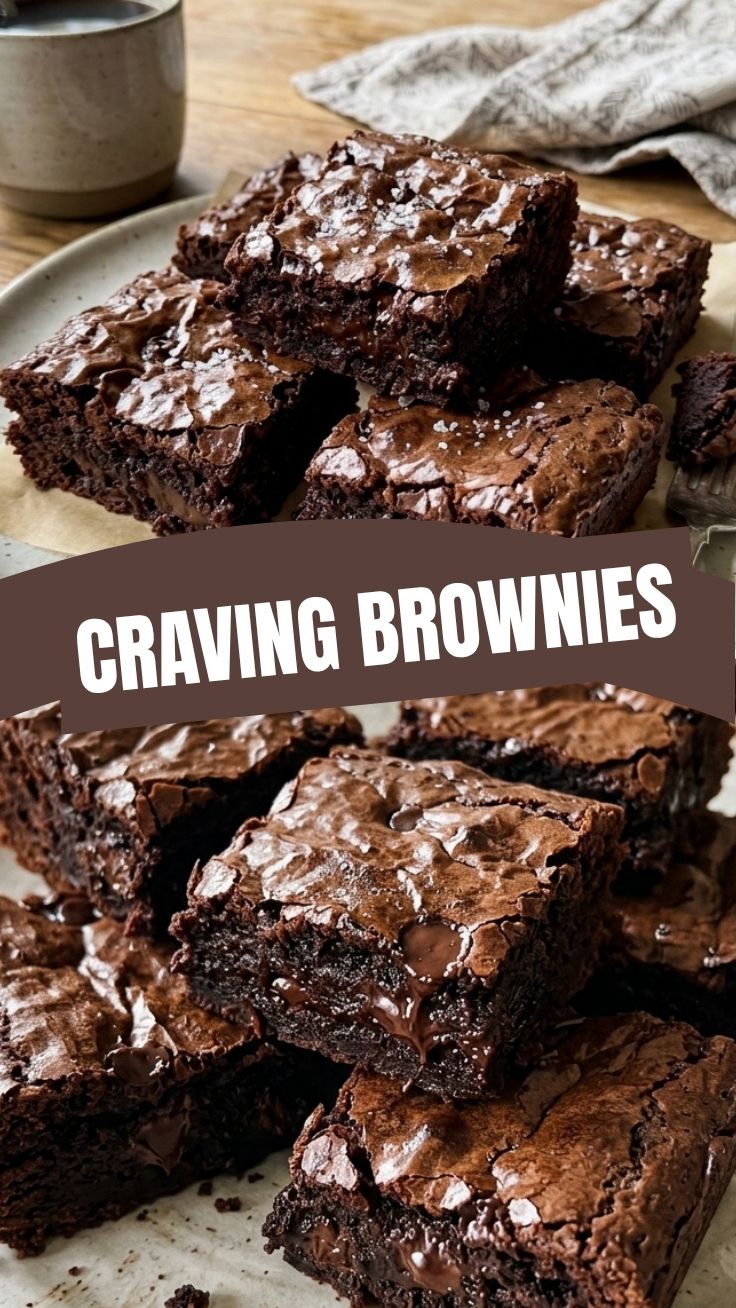 A close-up shot of rich, dark chocolate brownies with a slightly cracked top.