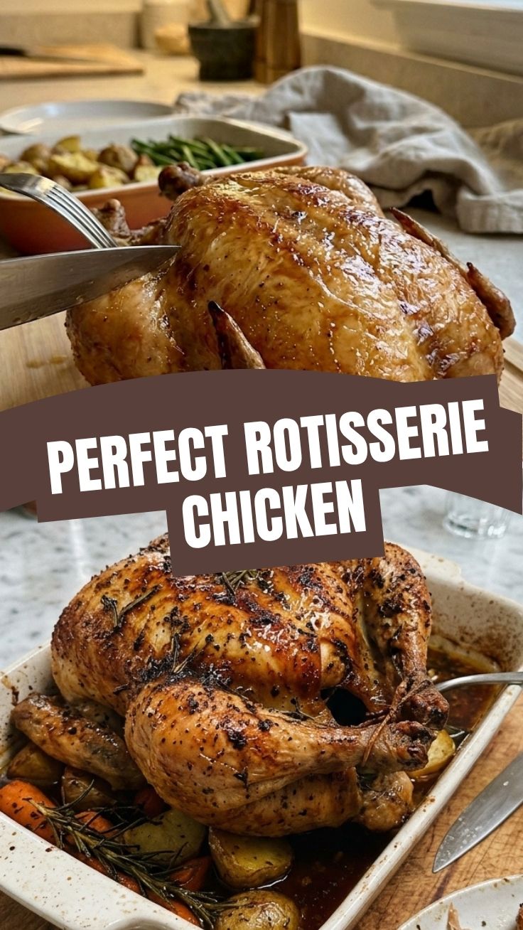 A cooked rotisserie chicken, perfect for various recipes, presented on a platter.