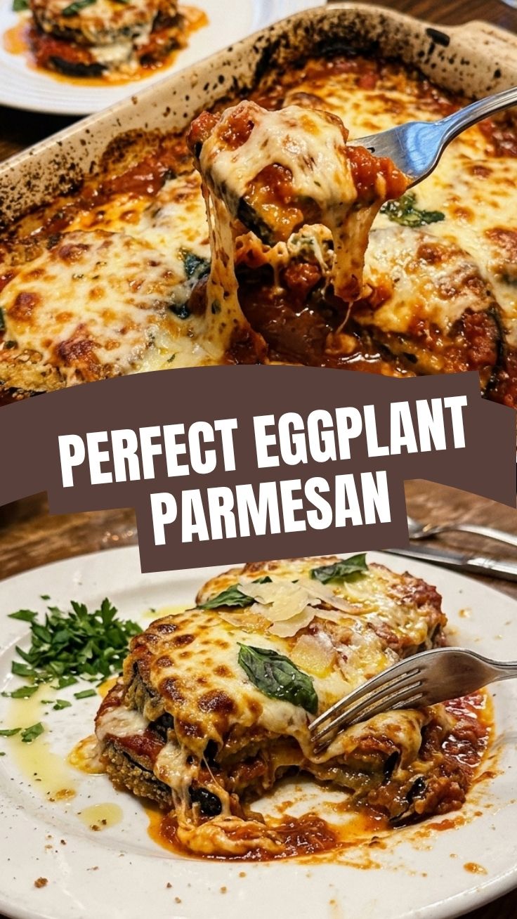 A freshly baked casserole of eggplant parmesan with melted cheese and rich tomato sauce.