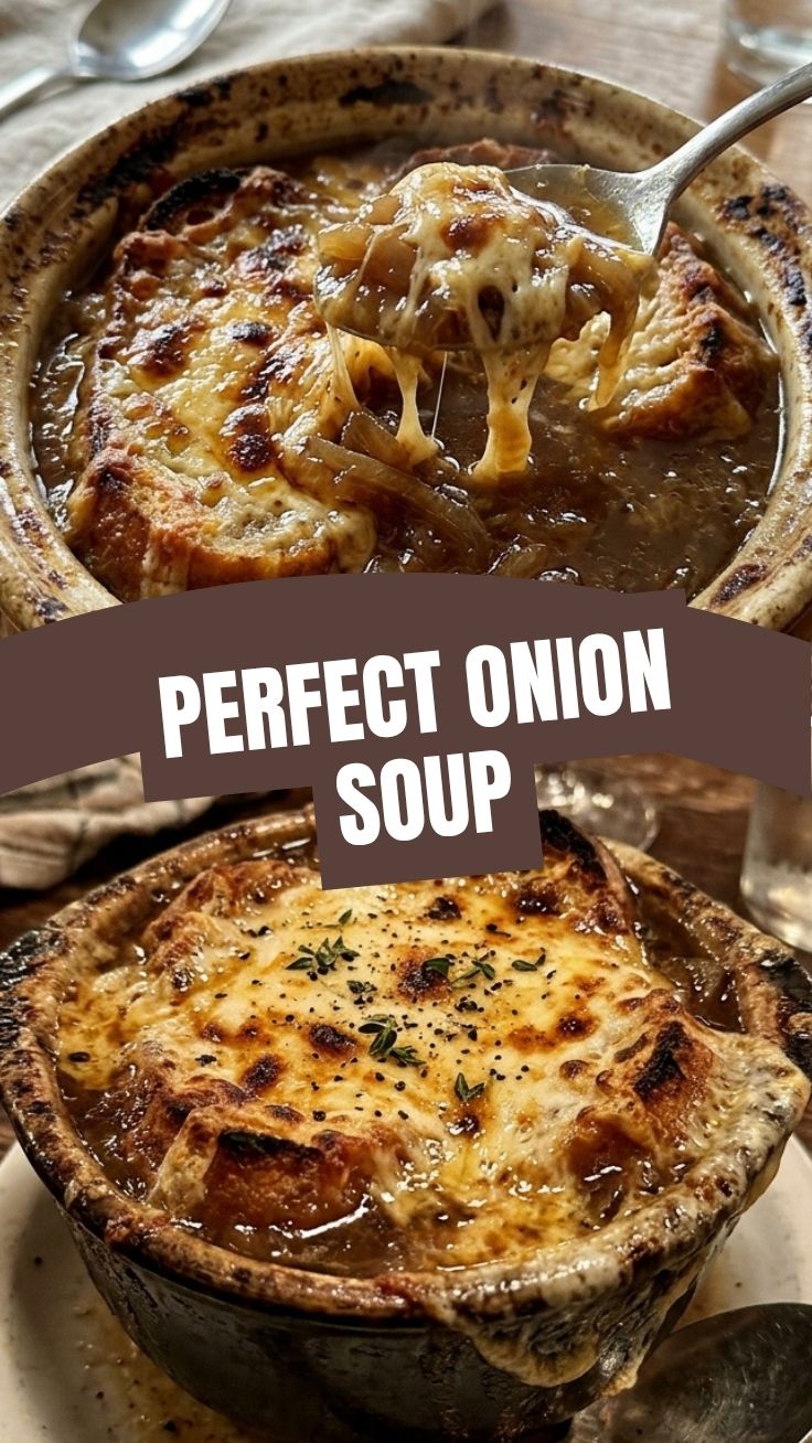 A steaming bowl of French Onion Soup topped with melted Gruyere cheese and toasted croutons.
