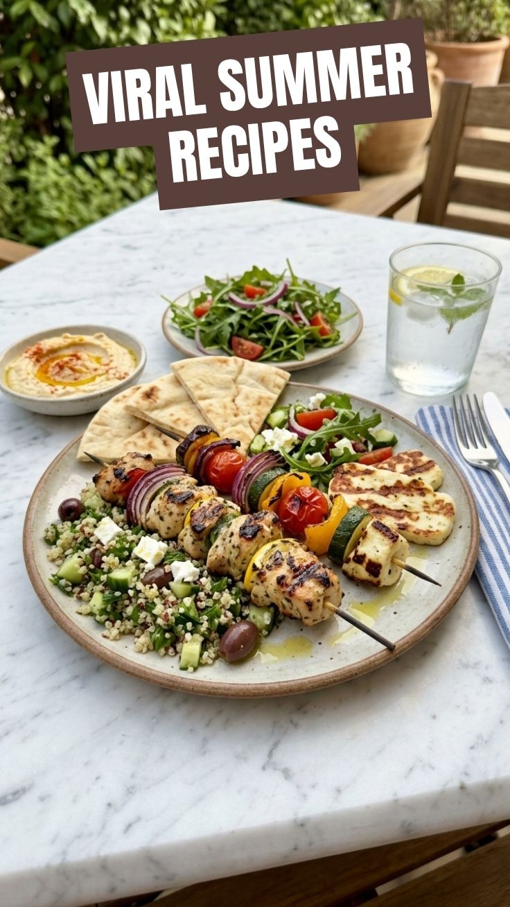Variety of healthy Mediterranean summer recipes with fresh ingredients