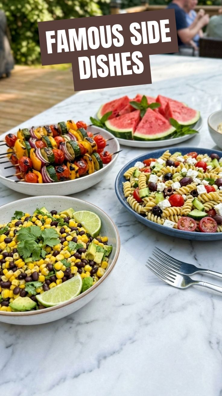 A colorful array of healthy summer BBQ side dishes prepared for a outdoor meal.