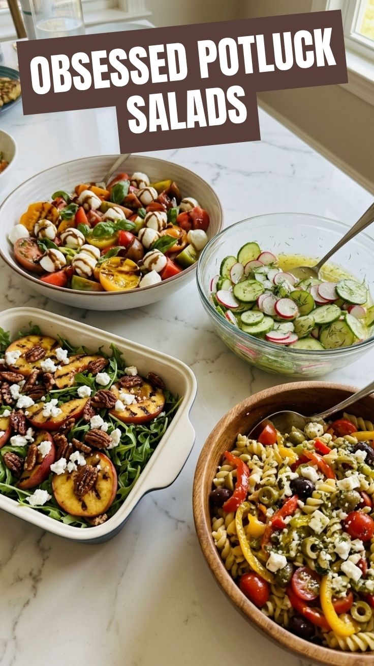 A vibrant selection of healthy summer potluck salads, showcasing fresh ingredients.