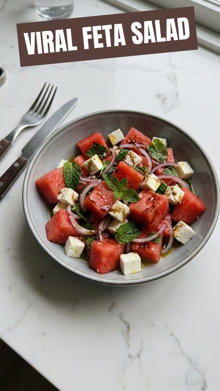 A refreshing healthy watermelon feta salad with mint on a white plate