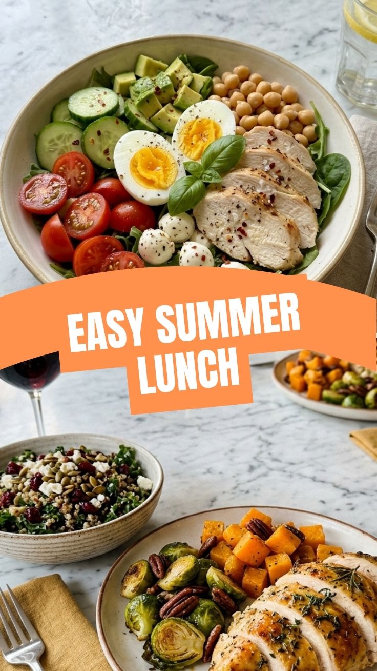 A colorful high protein no cook summer lunch spread on a picnic blanket.
