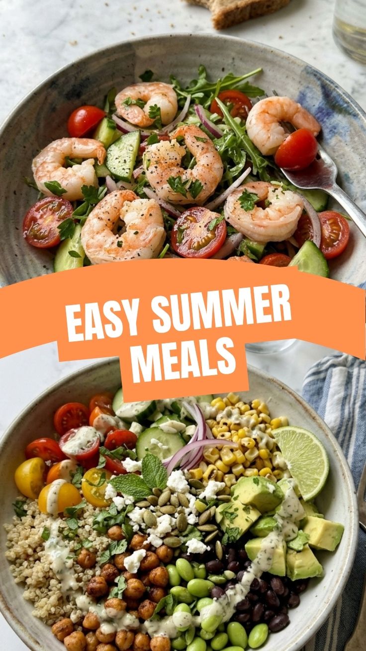 A vibrant bowl of high protein vegetarian summer meal featuring quinoa, grilled vegetables, and chickpeas