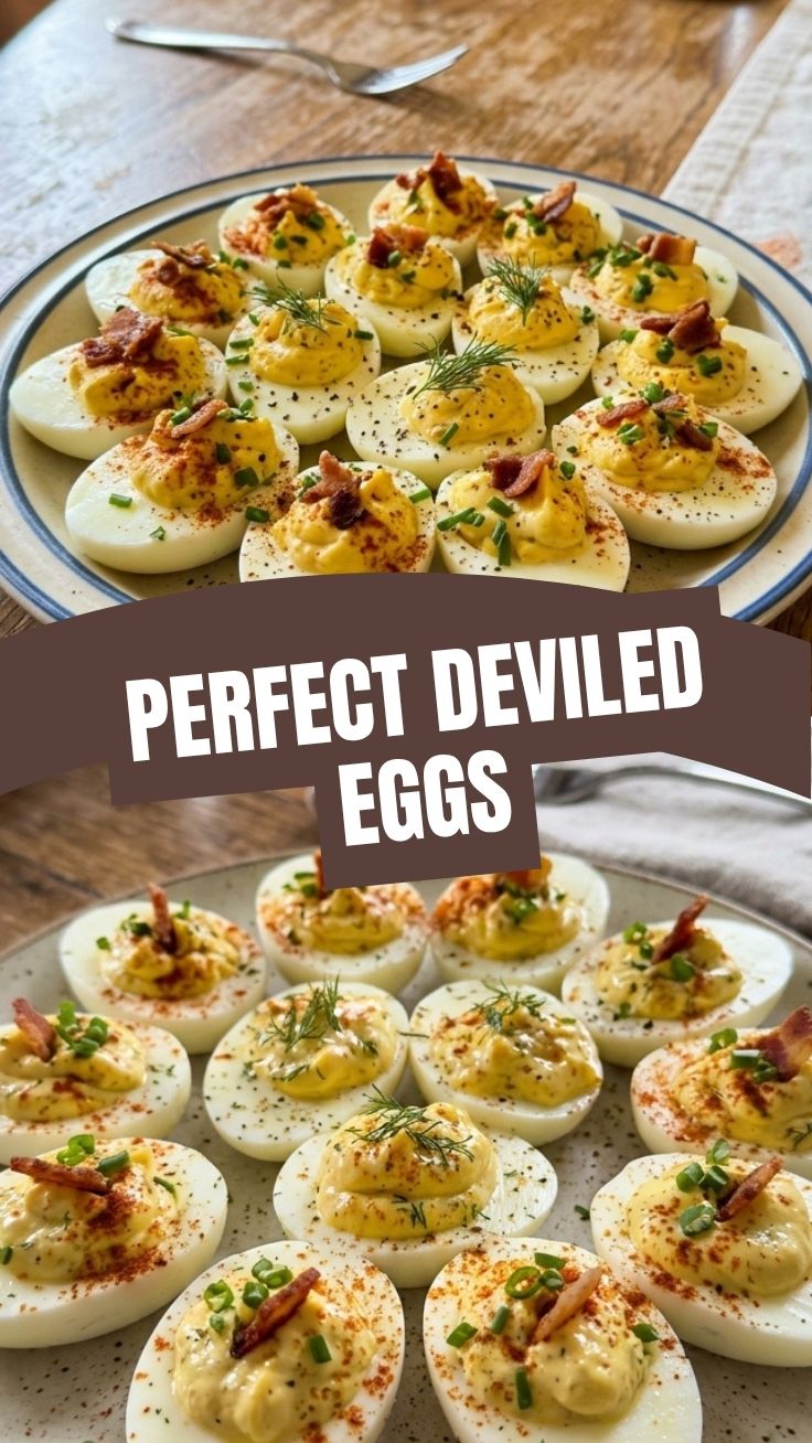 A platter of perfectly made deviled eggs, garnished for a gathering.