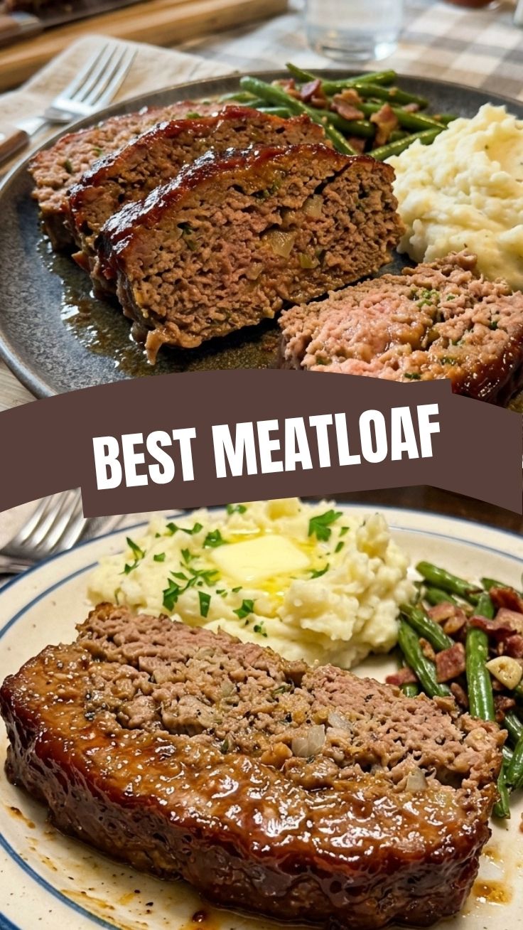 A perfectly baked meatloaf, golden brown and glistening with sauce, ready to serve.