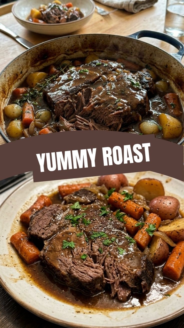A rich, tender pot roast served with vegetables on a plate