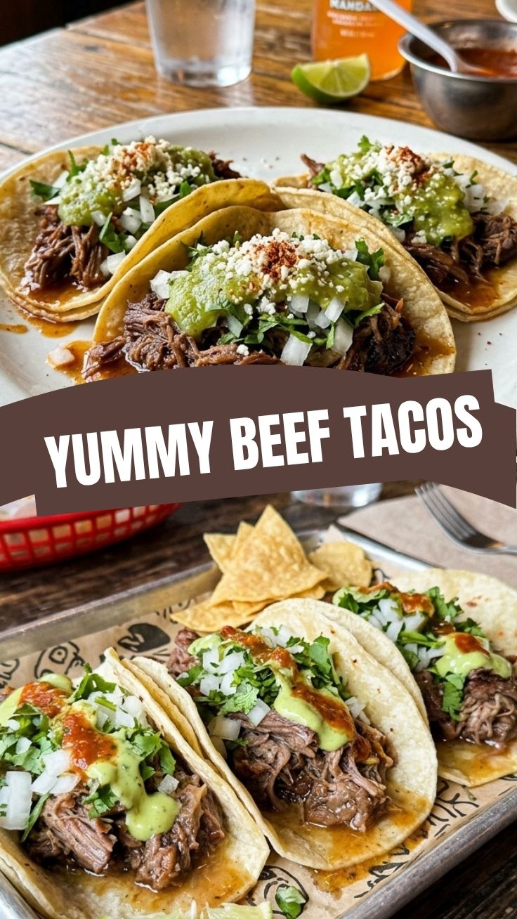 Close-up of three delicious beef tacos with fresh toppings