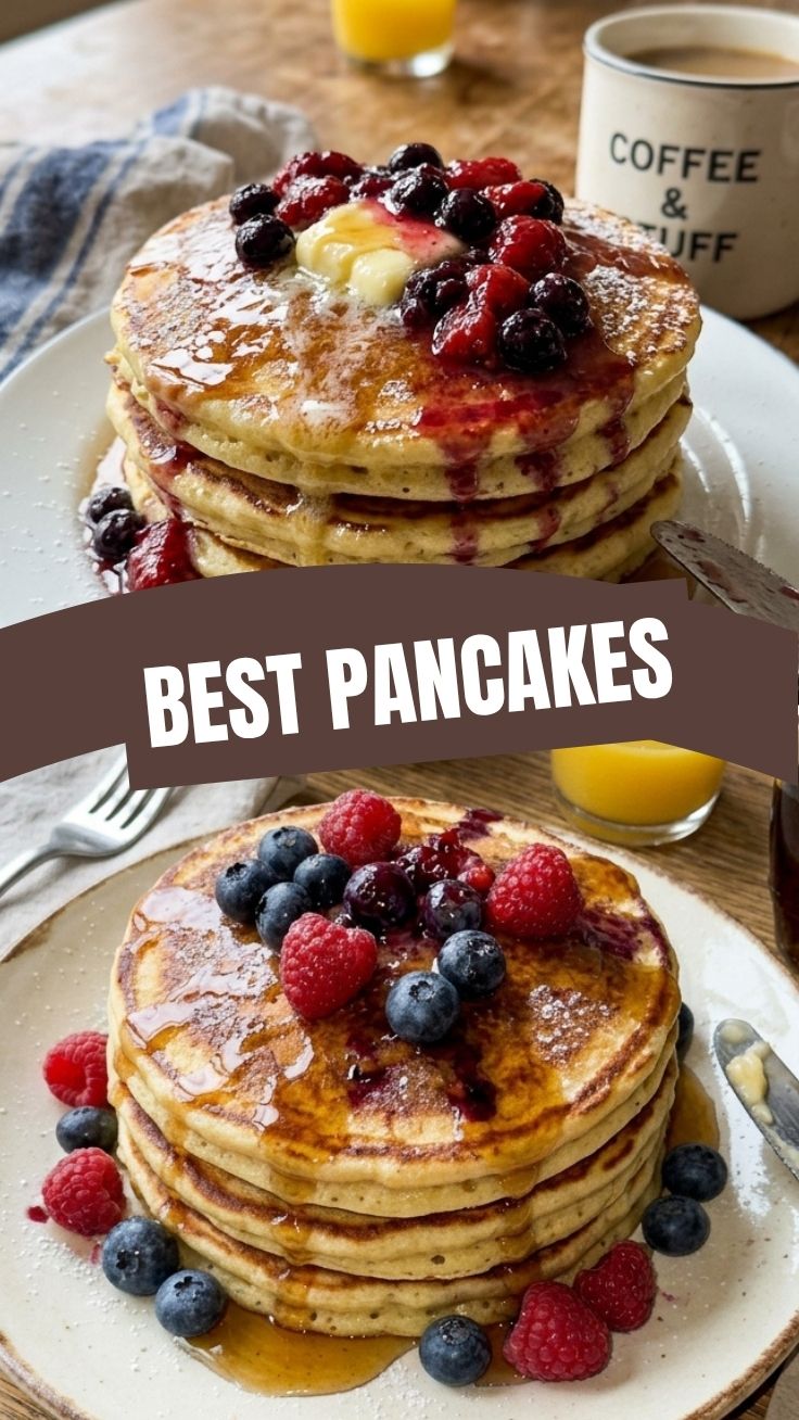 A tall stack of fluffy pancakes drizzled with syrup and butter.