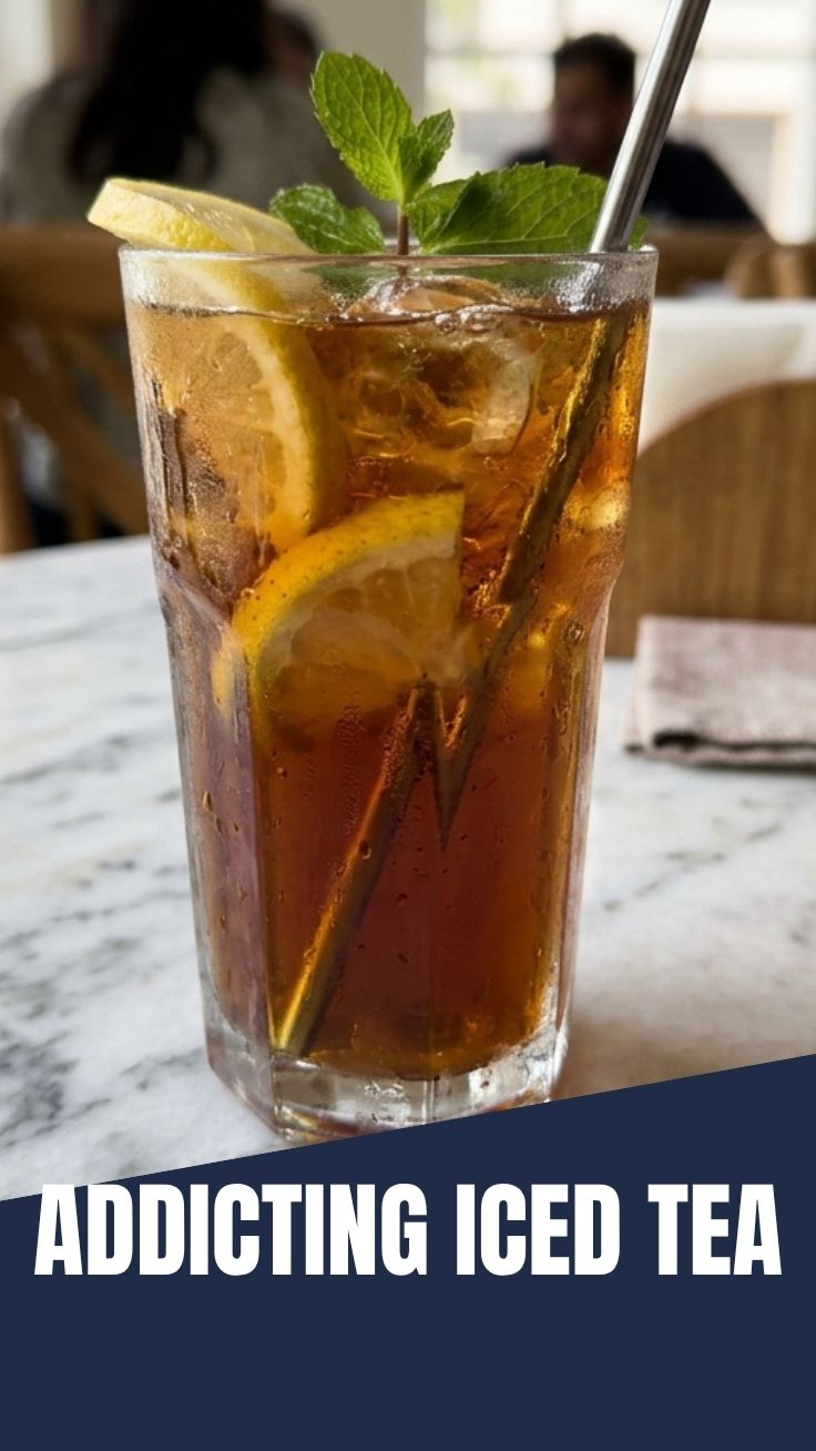 A clear glass filled with amber iced tea and a lemon slice