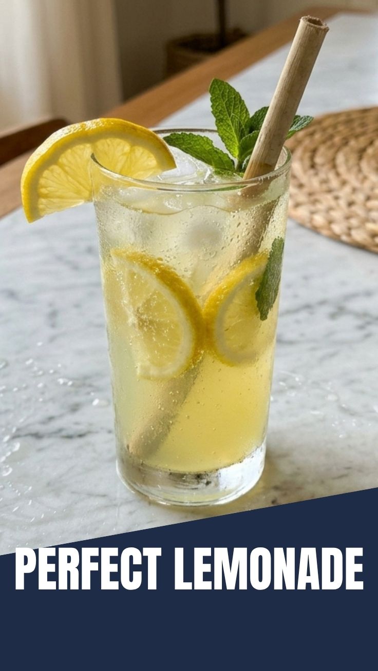 A tall glass of ice-cold lemonade with lemon slices.