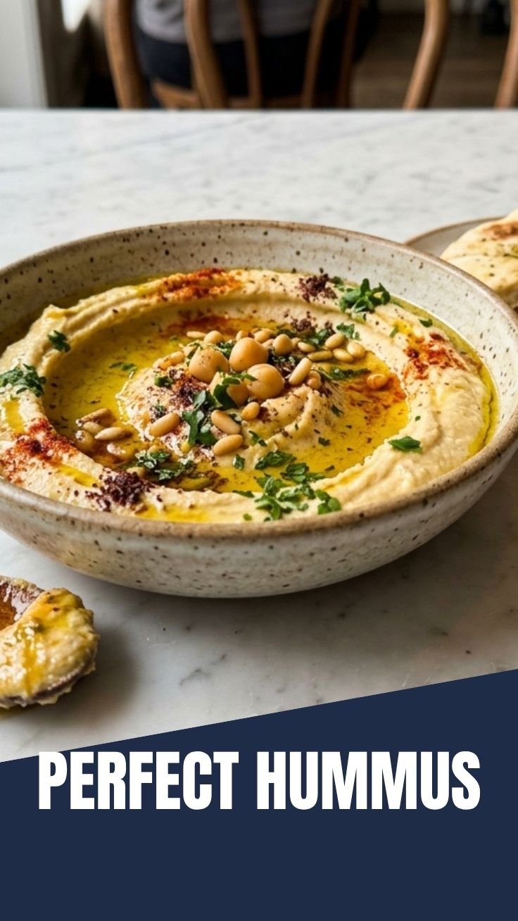 A smooth and creamy bowl of hummus, garnished with olive oil and paprika.
