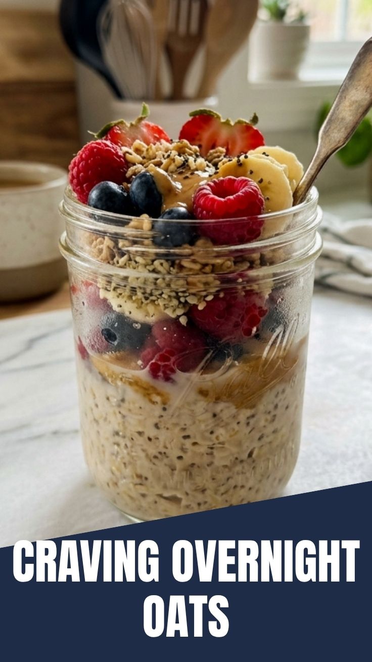 A glass jar filled with creamy overnight oats, topped with fresh berries and nuts.