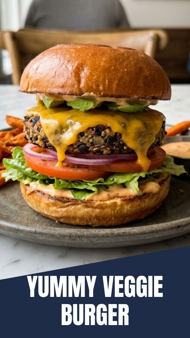A freshly grilled veggie burger on a bun with fresh toppings.