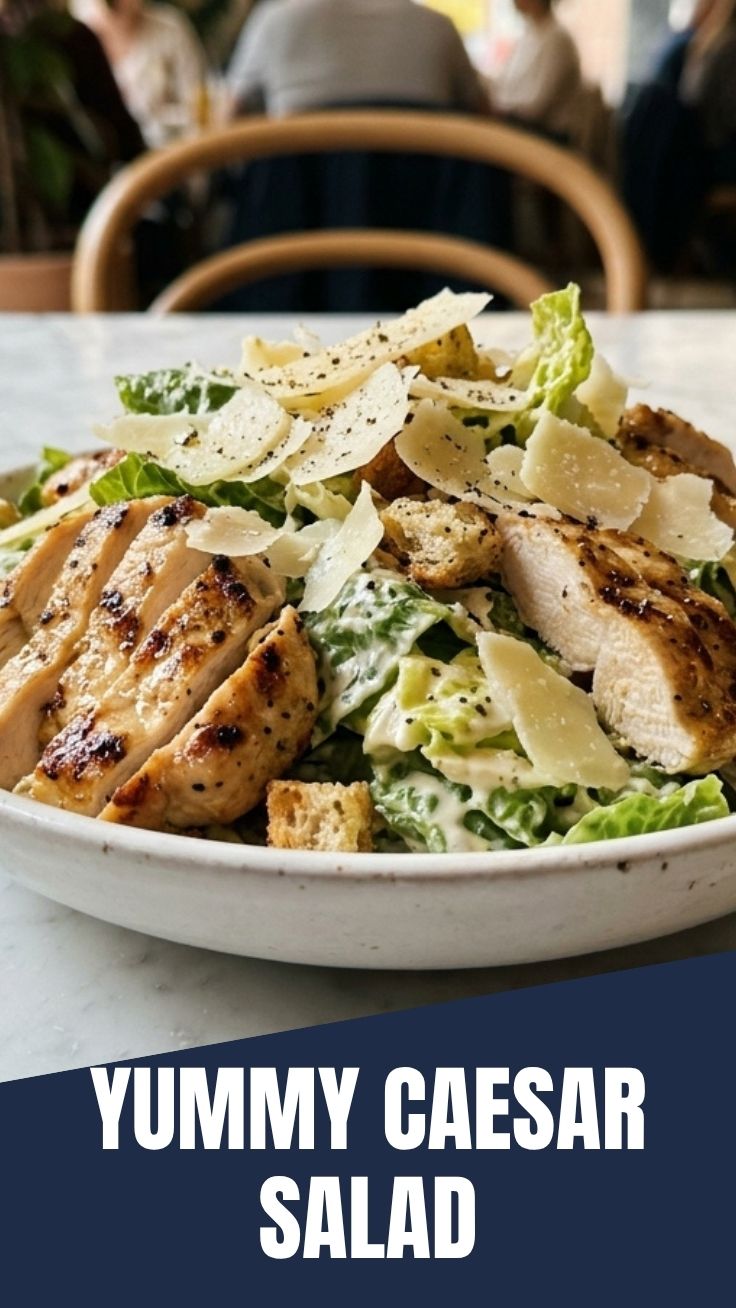 A vibrant chicken Caesar salad with crisp romaine lettuce and grilled chicken