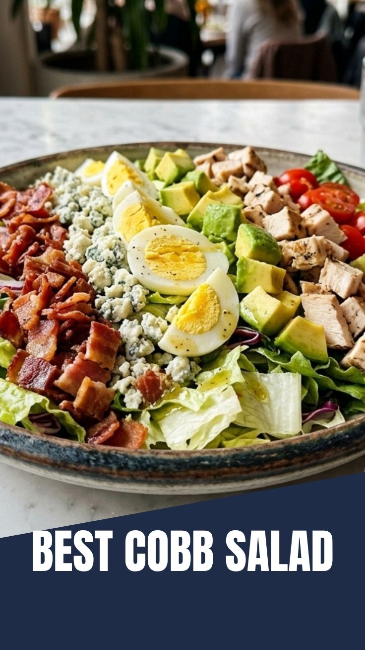 A vibrant, fresh Cobb Salad with all its classic ingredients arranged neatly.
