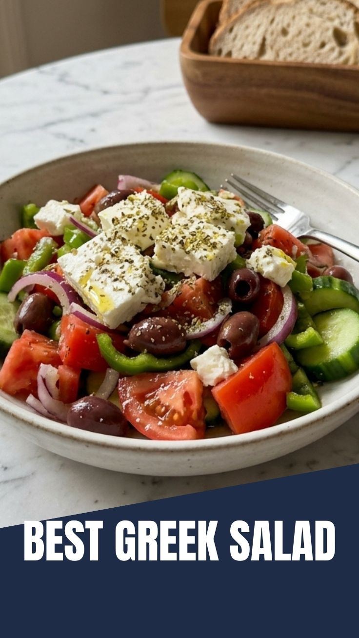 A fresh Greek salad with colorful vegetables and feta cheese