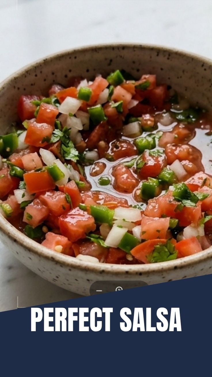 A bowl of fresh salsa with vibrant red tomatoes and green herbs.