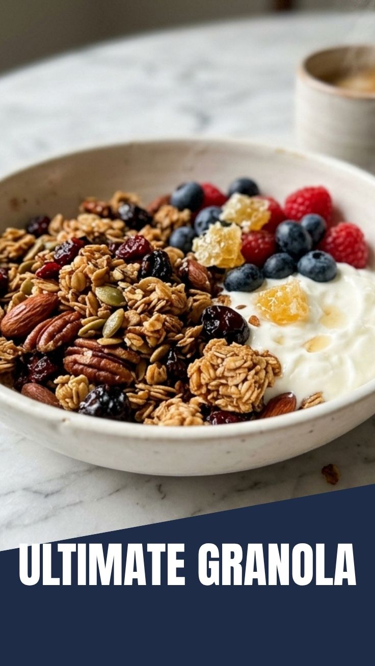 A vibrant bowl of granola with fresh berries and yogurt