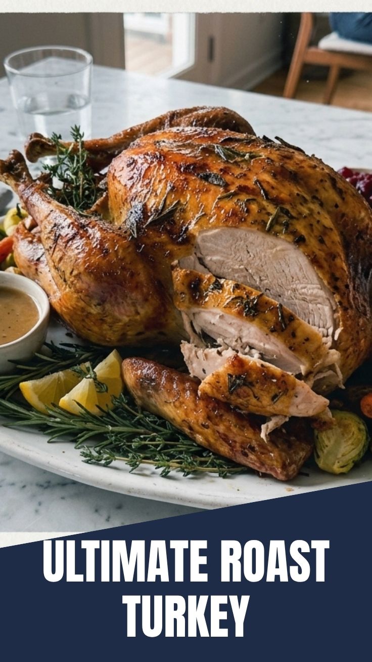 A perfectly roasted whole turkey, golden-brown and glistening.
