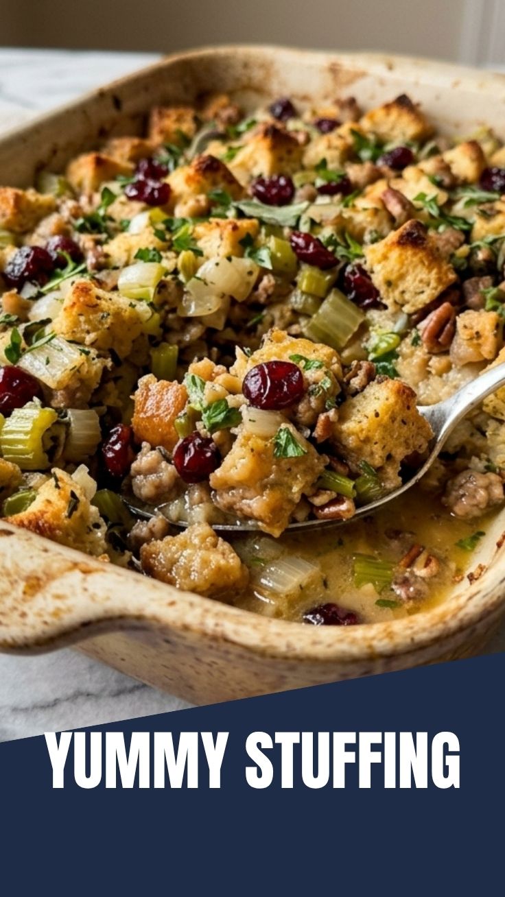 A close-up of savory homemade stuffing, rich with herbs and bread.
