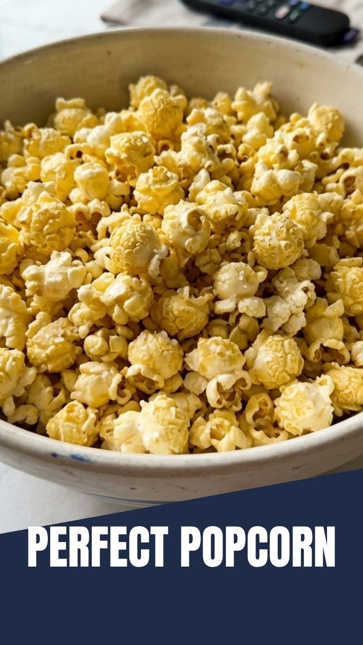 A bowl of freshly popped popcorn, ready to eat.