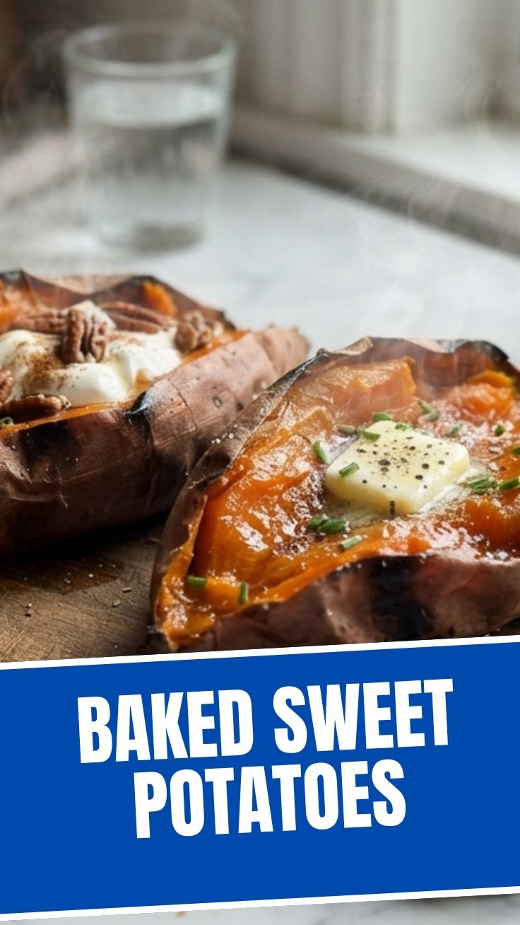 Perfectly baked sweet potatoes with a slightly crispy skin and tender flesh.
