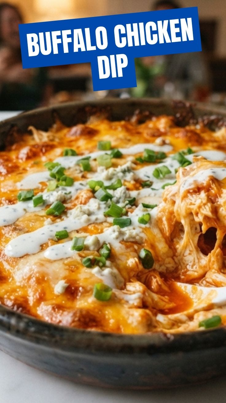 A hot and savory buffalo chicken dip served in a rustic bowl.