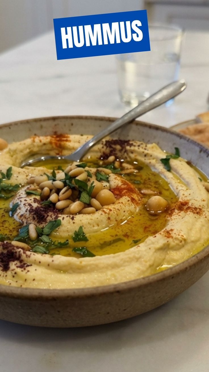 A smooth, creamy hummus dip in a bowl, garnished with olive oil and paprika.