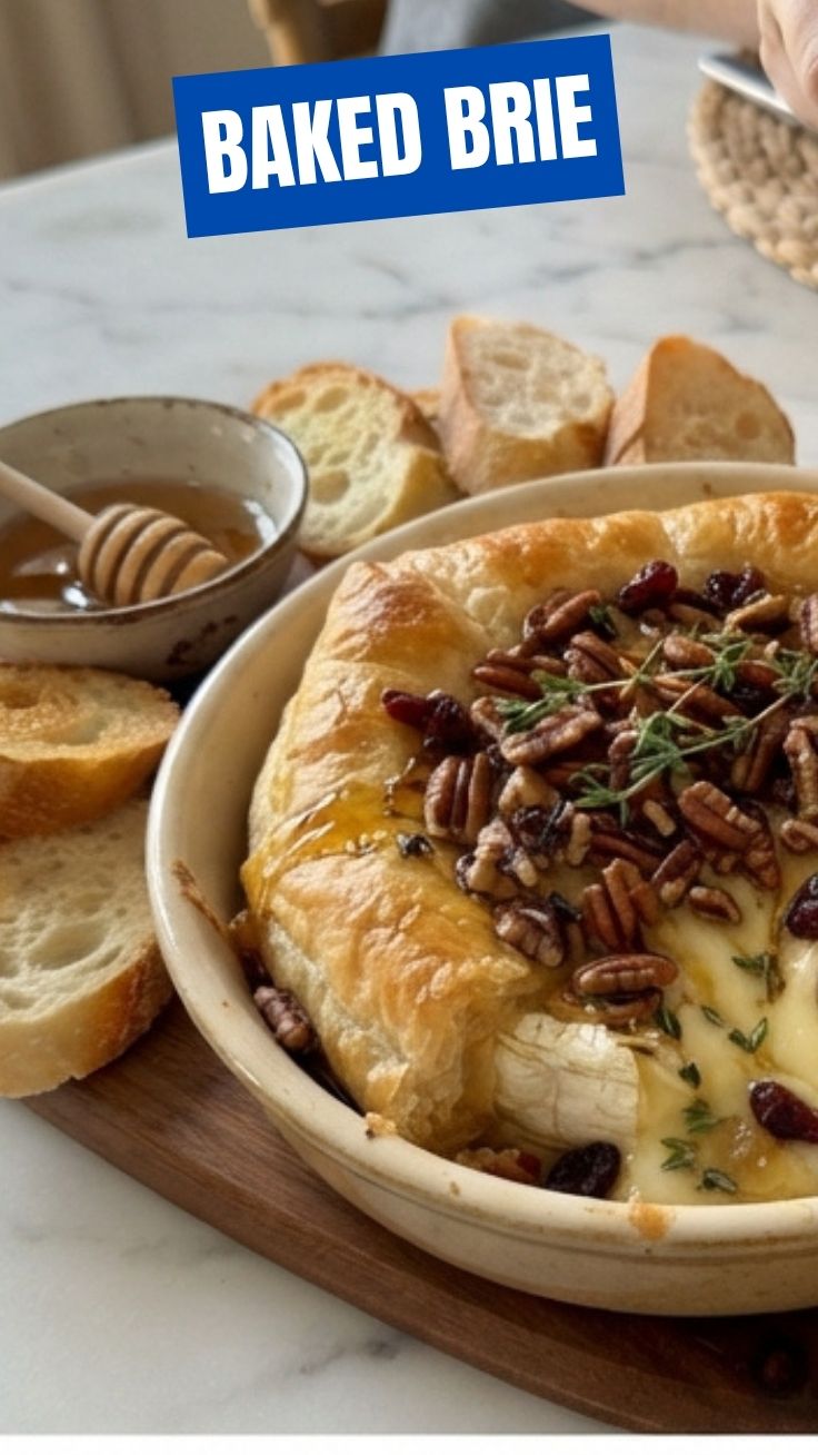 A gooey baked brie wheel, golden brown and melted to perfection