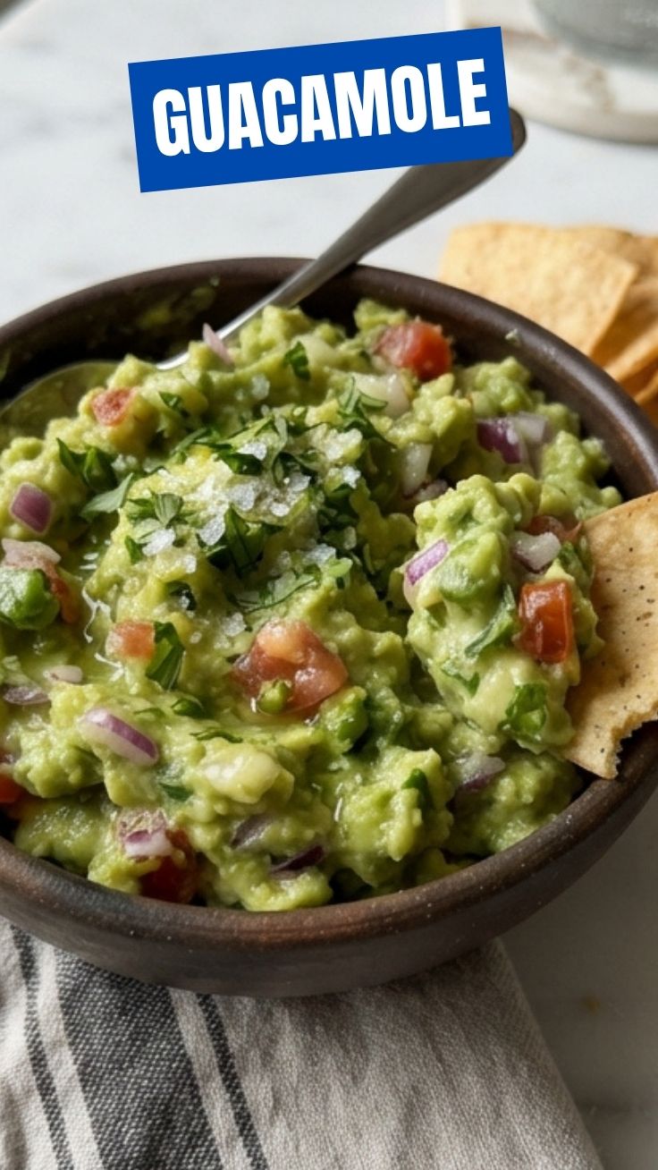 A bowl of fresh guacamole, vibrant green with chunky avocado pieces.