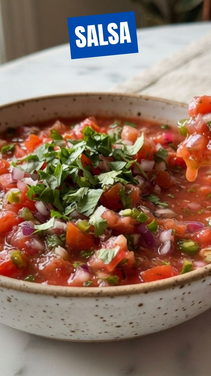 A vibrant bowl of fresh salsa with colorful ingredients.
