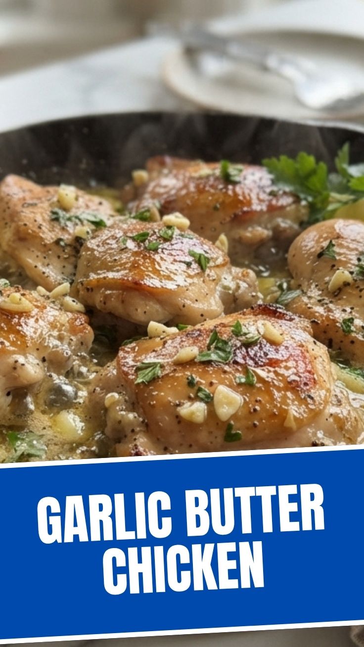 A close-up of perfectly cooked garlic butter chicken with herbs