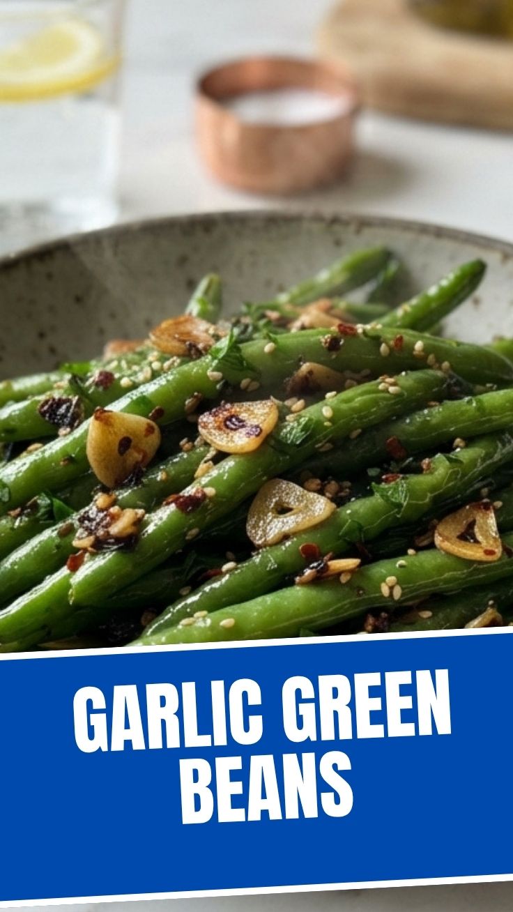 A serving of vibrant green beans tossed with minced garlic.