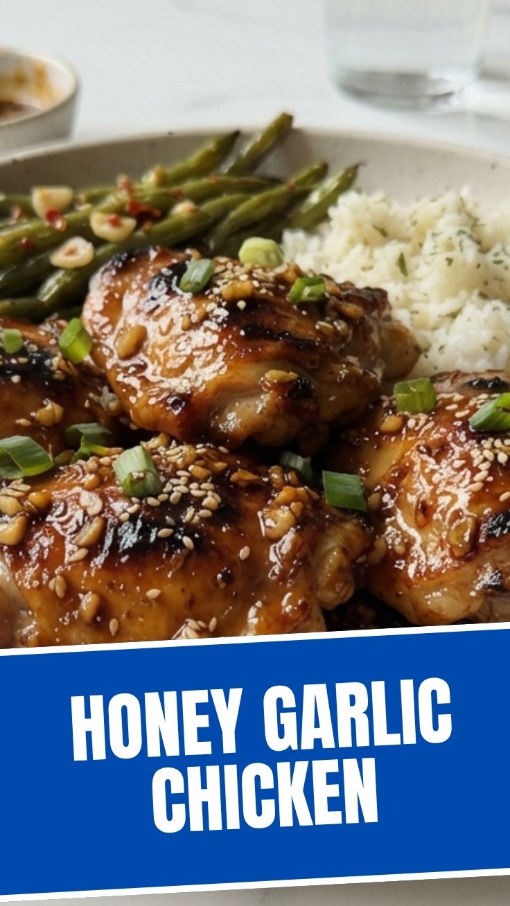 Close-up of succulent honey garlic chicken glazed to perfection, garnished with herbs.